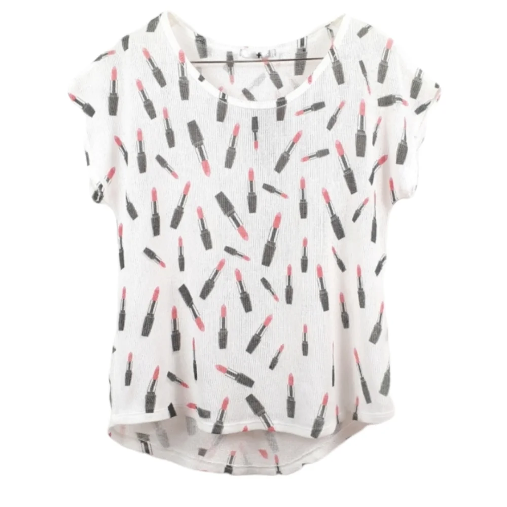 4/$25 NWT Blu Planet White Knit Scoop Neck Short Sleeve Lipstick Makeup Shirt XL